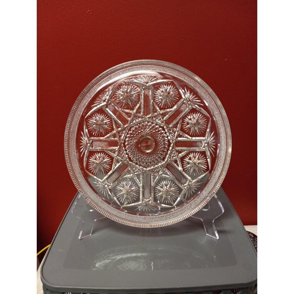 Vtg Cut Glass Round Tray Crosshatched Lip-Starbursts Hobstars...